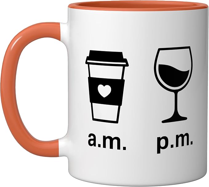 Coffee AM Wine PM - Funny Minimalist Coffee Wine Lover Ceramic Mug, Orange/White