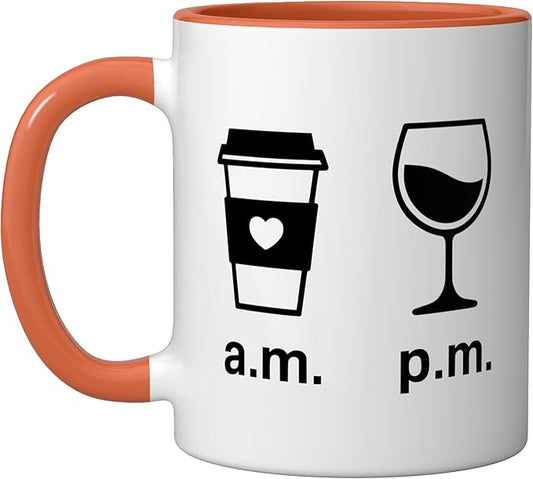 Coffee AM Wine PM - Funny Minimalist Coffee Wine Lover Ceramic Mug, Orange/White