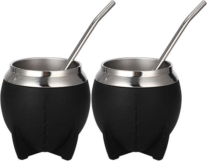 2PCS Yerba Mate Cup, 6 oz Stainless teel Mate Cup with Straw, Double Wall Vacuum Insulated Yerba Mate Gourd for Traditional Mate Tea Drinking (Black-A)