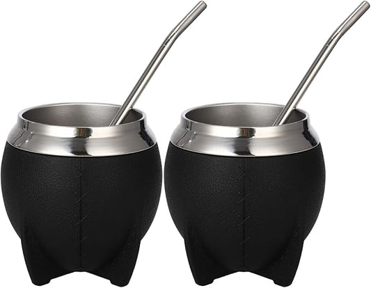 2PCS Yerba Mate Cup, 6 oz Stainless teel Mate Cup with Straw, Double Wall Vacuum Insulated Yerba Mate Gourd for Traditional Mate Tea Drinking (Black-A)