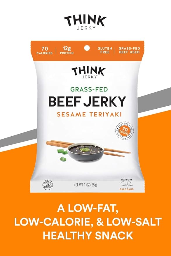 Think Jerky Sesame Teriyaki Beef Jerky, Grass-Fed High Protein Beef Jerky, Gluten Free, No Antibiotics or Nitrates, Healthy Chef Crafted Recipe, Low Calorie and Low Fat - 2.2 oz Bags, 4 Pack
