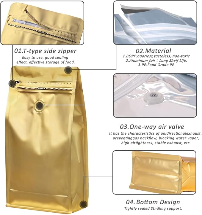 REMTAP Coffee Bags with Valve(100pcs,16oz) Golden High Barrier Aluminumed Foil Flat Bottom Standing Coffee Beans Storage Bags,Reusable Heat Sealable Side Zipper Pouches for Home or Store