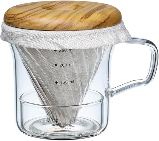 ATHIA Glass Pour Over Coffee Dripper Set, Glass Cone Dripper, Reusable Cloth Filter, Leather Cup Sleeve, Minimal Single Cup SET, for outdoor, office or at home (Olive Wood)