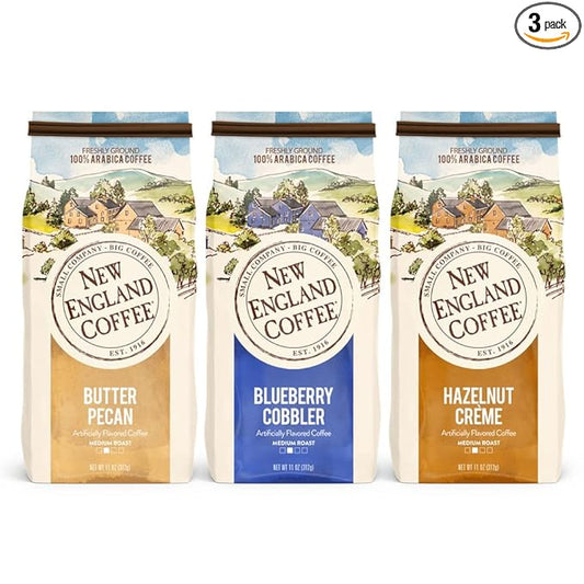 New England Coffee Variety Pack - Butter Pecan/Blueberry Cobbler/Hazelnut Crème, 11oz Bag (Pack of 3)