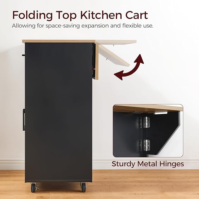 Kitchen Island on Wheels with Drop Leaf, Folding Countertop Kitchen Island Cart, Kitchen Islands Table with Towel Rack, Drawer, for Kitchen, Dining Room, Black and Natural KINB12501