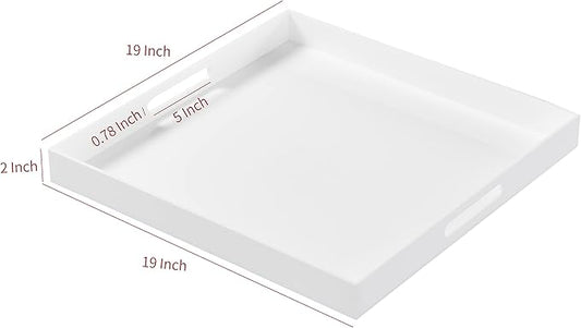 Large White Acrylic Serving Tray with Handles-19x19x2H Inch Big Size Spill Proof Tray for Ottoman,Coffee Table, Breakfast, Tea, Food, Butler -Safe Edge Organizer-Decorative