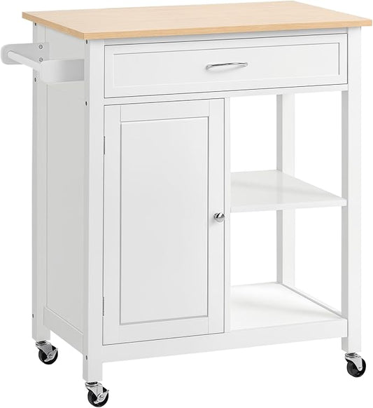 HOMCOM Kitchen Island Cart, Rolling Kitchen Island with Storage Shelf, Solid Wood Top, Drawer, for Dining Room, White