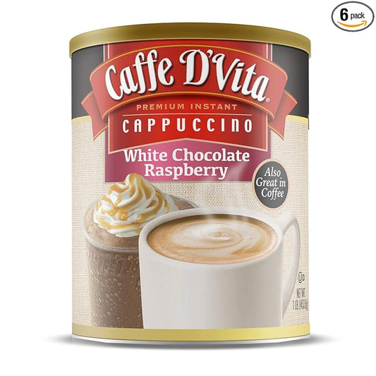 Caffe D'Vita White Chocolate Raspberry Cappuccino Mix - Instant Cappuccino Mix, Gluten Free, No Cholesterol, No Hydrogenated Oils, No Trans Fat, 99% Caffeine Free, White Chocolate Powder - 16 Oz Can, 6-Pack