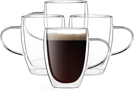 Aurzen Double Wall Glass Coffee Mug, 12oz Clear Latte Mug with Handles, Clear Cups for Tea, Beverages,Expresso, Juice, Milk Microwave Safe Set of 4