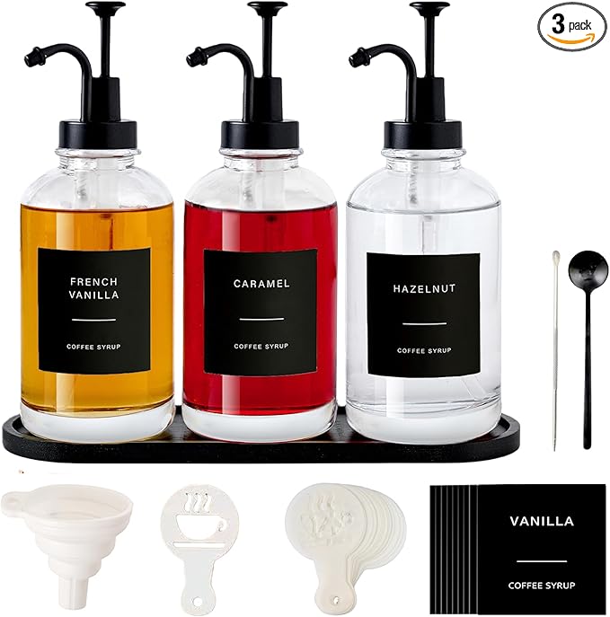Coffee Syrup Dispenser for Bar, Glass Syrup Bottle with Pump, Coffee Pump Dispenser Bottle with Tray, Spoon for Station, Black,16.9 oz, 500 ml