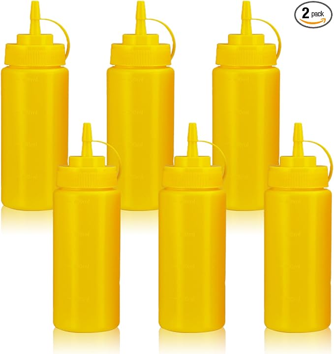 Squeeze Bottles for Sauces,Leak-Proof Condiment Dispenser, BPA-Free Kitchen Restaurant Squeeze Bottle Set with Wide Mouth for Ketchup, Mustard,Syrup,Dressings (Yellow, 6Pack-16oz(400ml))