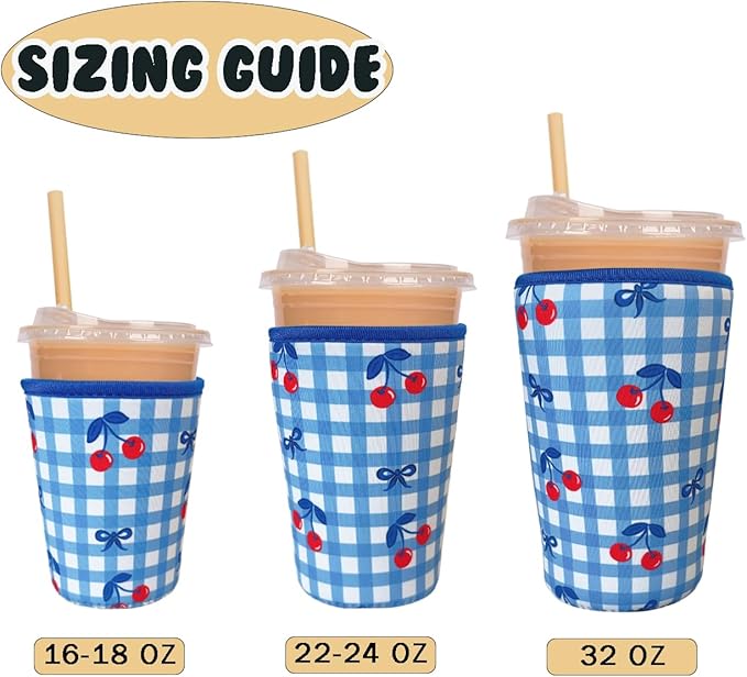 Reusable Insulated Neoprene Iced Coffee Cup Sleeve, Durable Drink Sleeve for Cold Beverages, Beverage Holder for Iced Coffee, Cherry Bows