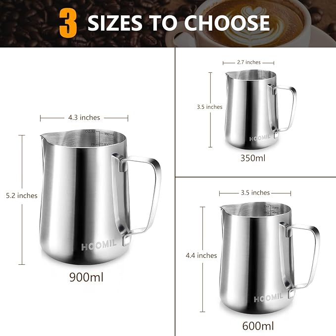 HOOMIL Milk Frothing Pitcher, 12oz/20oz/32oz Stainless Steel Steaming Pitcher Barista Milk Frother Cup Jug for Espresso Machine Coffee Cappuccino Latte Art - 12oz