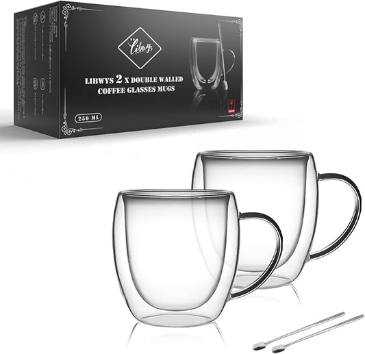 LIBWYS 12oz Double Walled Coffee Cups Glasses Mugs, Espresso Cappuccino Latte Tea Cups with Handle 350ml (2x250ml)