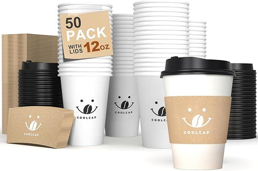 Coffee Cups with Lids and Sleeves, 12 Ounce 50 pack To Go Coffee Cups with Lids, Disposable Hot Coffee Paper Cups Bulk for Hot Beverage (12 Ounce, White)