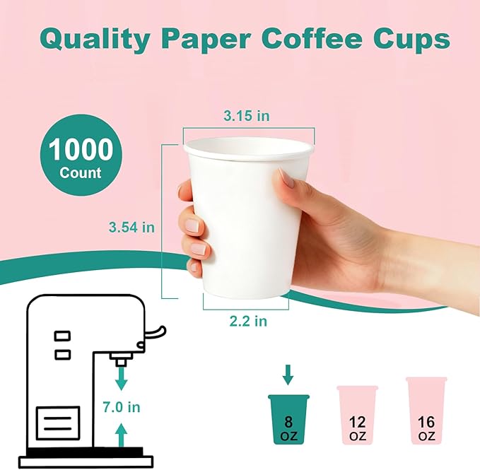 Coolcap 8 oz 500 Pack Disposable Coffee Cups, Bulk White Disposable Paper Cups, Coffee Cups for Hot Tea, Chocolate and Cold Drinks