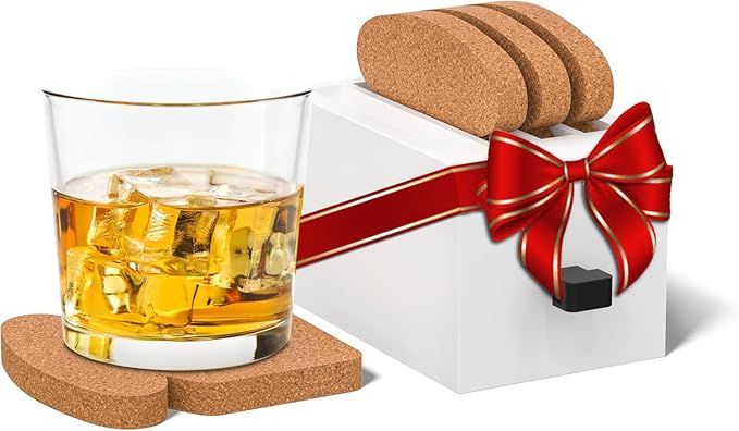 ELIKAI Cork Coasters for Drinks - Funny Coasters for Coffee Table, Absorbent Cork Coaster Set with Holder, Heat-Resistant Hot Pads for Kitchen, Ideal Housewarming and Birthday Gift, Set of 4