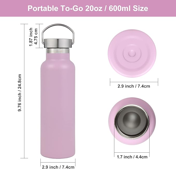 Neihepal 20 oz Insulated Water Bottles,Stainless Steel Double Wall Sport Bottle with Lid of Handle (8, Pink)