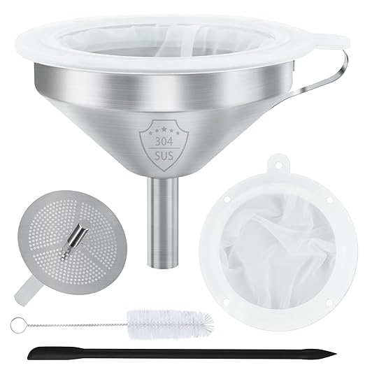 Kitchen Funnel for Filling Bottles, 5 Inch 304 Stainless Steel Funnel with Strainer for Transferring Oils Juices Wine Milk with Silicone Scraper and 100 Mesh 200 Mesh Filtel