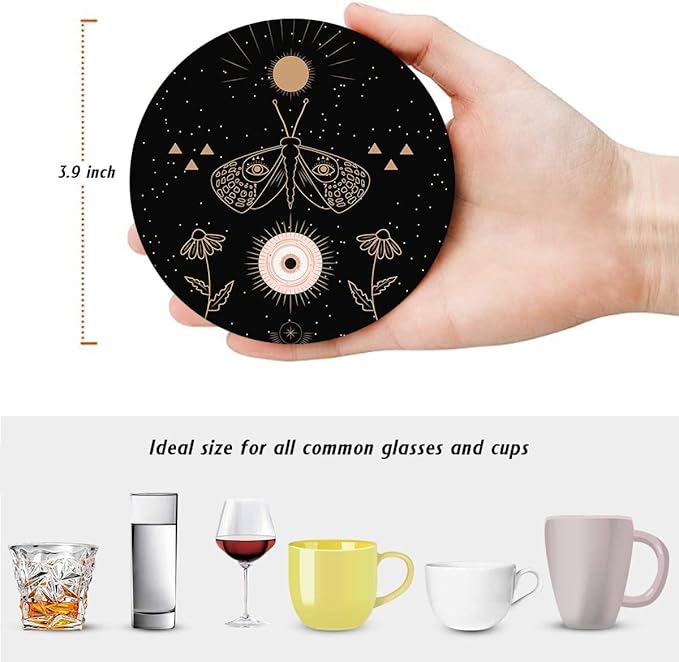 Britimes Table Coaster for Drinks Set of 6, Cute Black Mystical Animals Magic Coffee Absorbent Round Ceramic Stone Mat, with Cork Base and Metal Holder, Gift for Housewarming Room Bar Decor