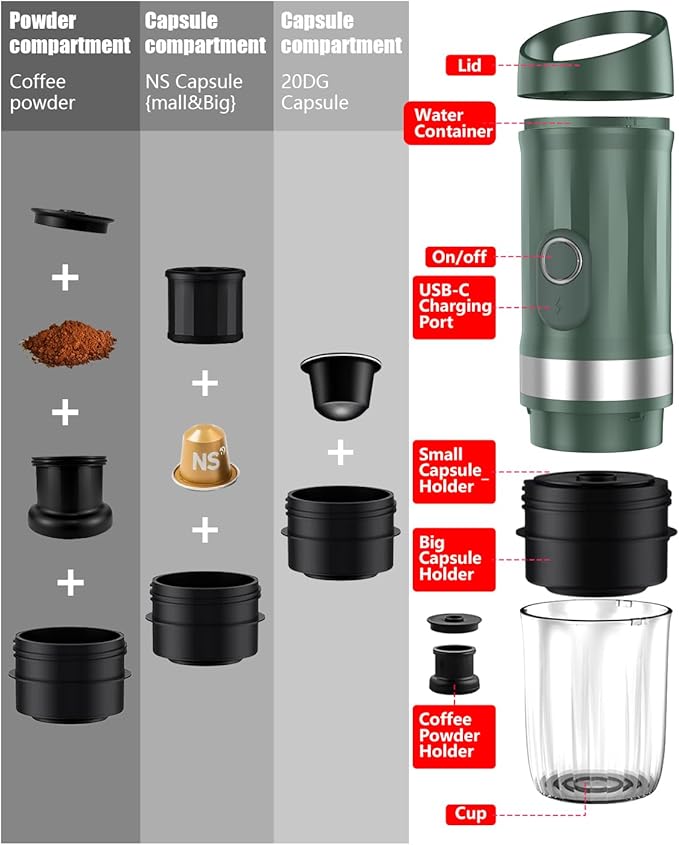 Portable Espresso Machine 3Minute Auto Heat12V Rechargeable Electri Coffee Maker 20 BaCompatible with NS DG Capsules and GroundCoffee for Camping, Travelling RVing HikingandOffice (Green)