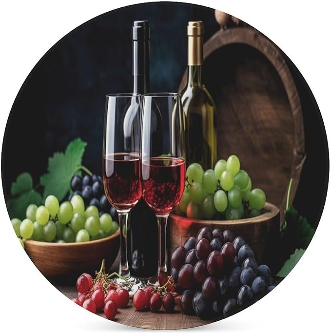 Round-6PCS Red Wine Ceramic Coasters, Round Absorbent Drink Coasters, Retro Wood Style Red Wine Bottle and Grapes Plant Pattern Ceramic Table Coasters for Coffee, Beverage, Wine, Beer Coasters
