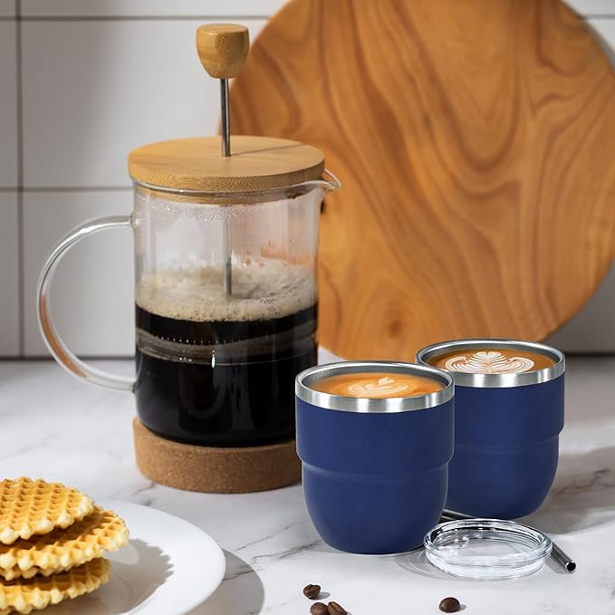 4oz Stackable Cup, Vacuum Insulated Espresso Cup Set of 2, Espresso Shot Glass for Coffee, Double Wall Stainless Steel Mini Tumbler Shot Glasses with Straw and Lid