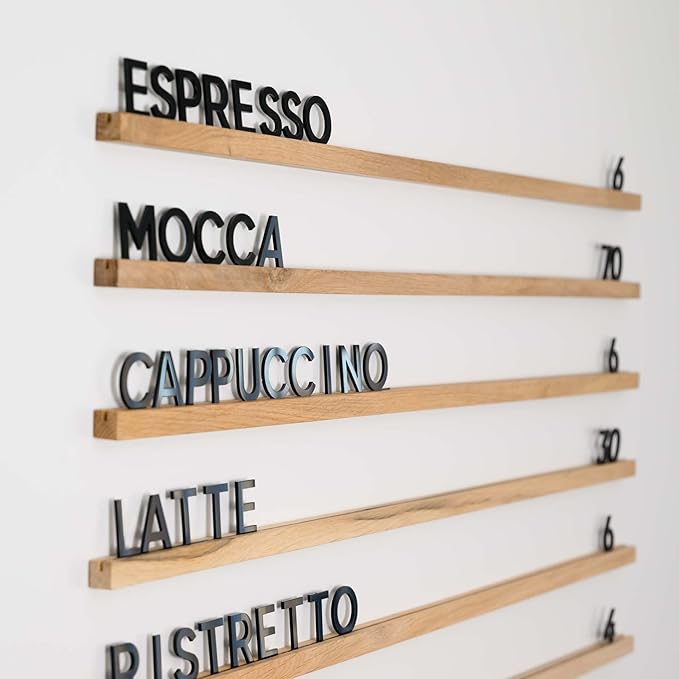 Inko Horeca Wooden Wall Letter Board - Set of 10 Oak Rails + 400 Changeable Black Letters - Floating Wall Menu Display Shelf for Cafe, Bar, Kitchen, and Home Decor
