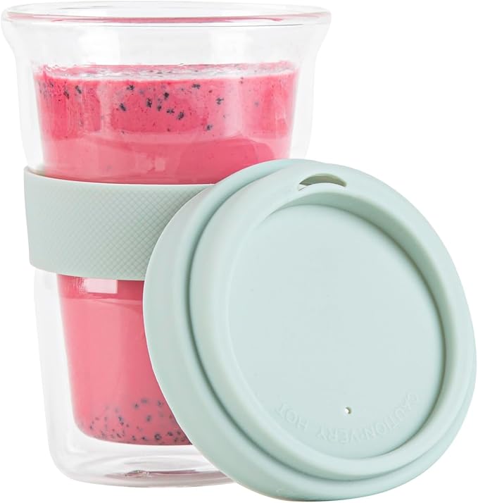 Restaurantware Glass Travel Mug 1 Count 14 Ounce Double Wall Borosilicate Reusable Coffee Cup, Spill-Resistant Mint Green Silicone Lid, Clear Drinkware Mug for Hot and Cold Beverages