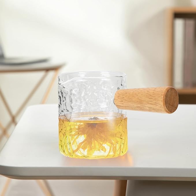 Hammered Glass Espresso Shot Cup with Wood Handle - 100ml / 3.4oz Small Milk Creamer Pitcher with Spout - Heat Resistant Borosilicate Glass Measuring Cup for Coffee, Latte, Syrup, Sauces