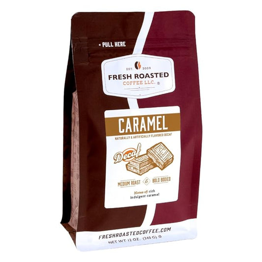 Fresh Roasted Coffee, Decaf Caramel Flavored Coffee, 12 oz, Medium Roast, Kosher, Whole Bean