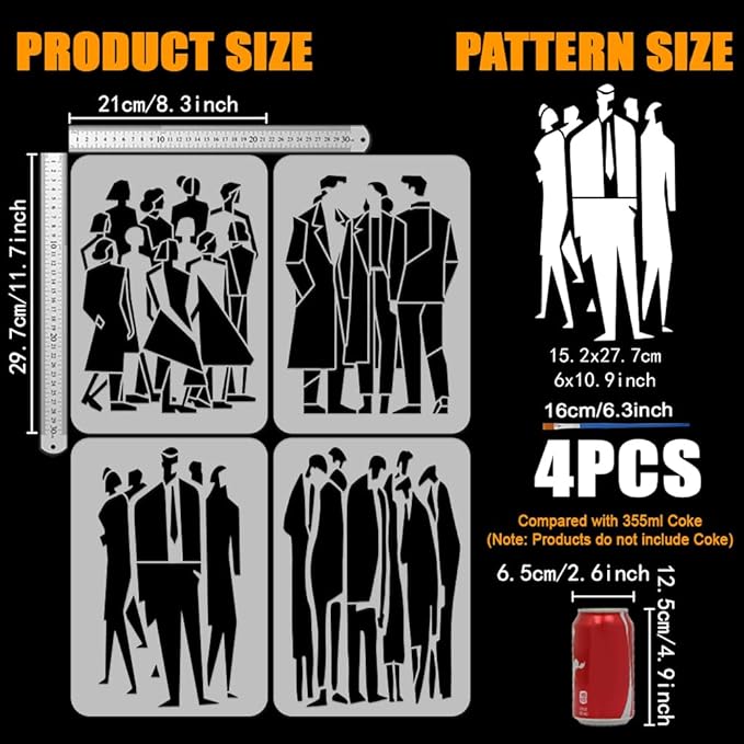 FINGERINSPIRE 4PCS Human Wave Painting Stencils 8.3x11.7 inch with a Brush Modern People Stencils Male & Female Figure Drawing Templates for Fashion Design Art Drawing Wall Painting Craft Projects