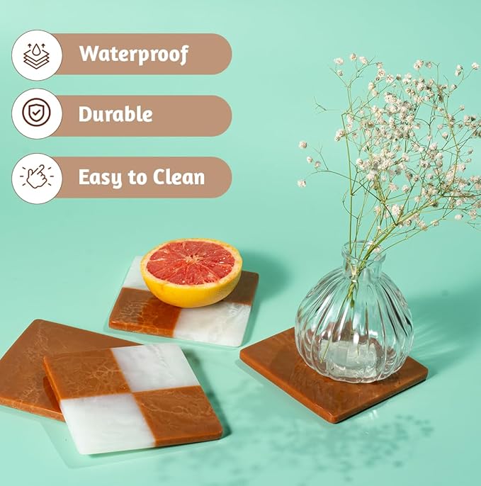 Folkulture Checkered Rust Resin Coasters Set of 4 | Waterproof Drink Coasters for Coffee Table & Bar | Rustic Boho Home Décor | Housewarming & Valentine Gifts