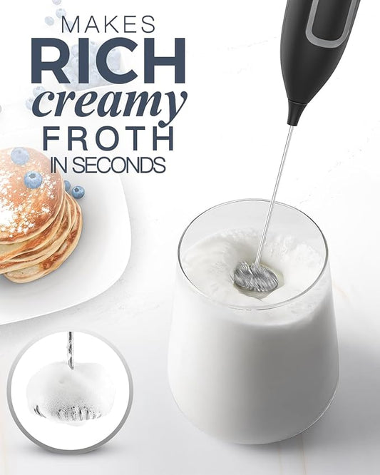 Milk Frother Handheld Battery, Electric Foam Maker Frother Wand, Drink Mixer with Stainless Steel Whisk for Coffee, Matcha, Lattes, Cappuccino Black