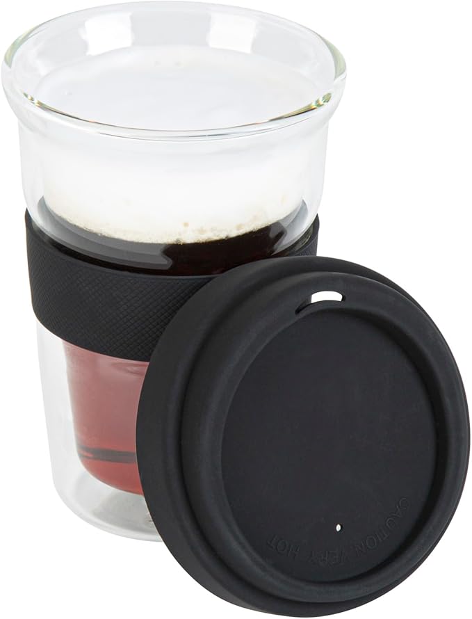 Restaurantware - Forma Professional 13.5 Ounce Insulated Travel Mugs, 10 Double Wall Coffee Mugs - Includes Lids And Sleeves, Reusable, Clear Borosilicate Glass Tumblers, Dishwashable, Microwavable