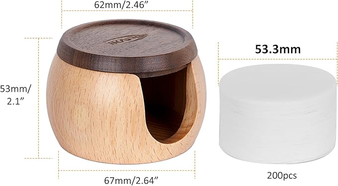 IKAPE Espresso Coffee Accessories, 200pcs 53.3MM Paper Filters, Replacement Espresso Puck Paper Filters with a Wooden Storage Holder, Compatible with Breville 54mm Portafilter Basket