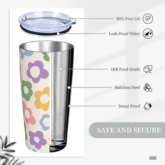 Vintage Groovy Flowers 20oz Stainless Steel Insulated Tumblers Travel Mug Cup Leakproof Gift For Men Women Hot & Cold Drinks Splash-Proof Lid Metal Straw and Brush