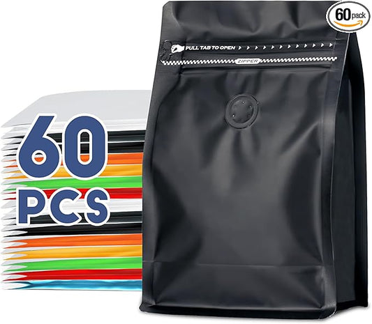Coffee Bags with Valve(60pcs,8 oz,1/2 lb) Vented Coffee Beans Packaging Bags High Barrier Aluminumed Foil Flat Bottom Heat Sealed Side Zipper Resealable Storage Bag for Home or Business（Black）