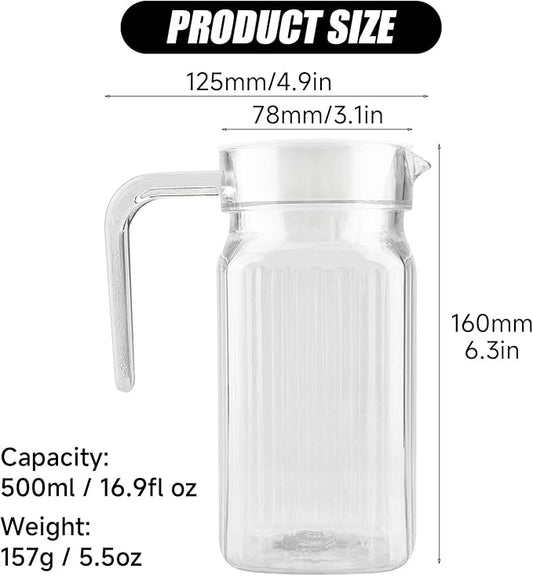 17 oz Small Plastic Carafe with Lid and Spout, 500ml Small Clear Water Jug for Hot/Cold Water, Iced Tea Pitcher for Coffee, Mini Juice and Homemade Beverage Carafe (500ml)