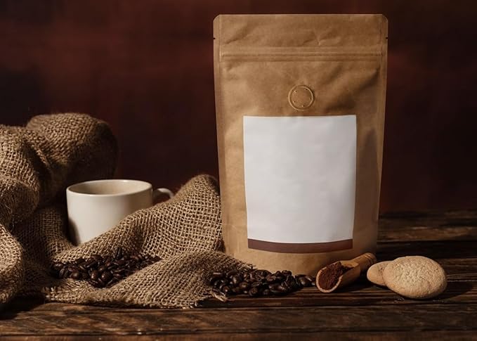 16 Ounce 50 Pieces Coffee Bags with Ziplock - High Barrier Natural Kraft Paper Stand up Coffee Pouches with Air Release/One Way Degassing Valve & Reusable Zipper (50, 16oz/1lb/500gm)