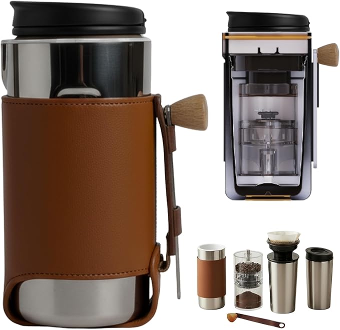 4‑in‑1 Portable 100% Manual Pour Over Coffee Maker Kit with Built‑In Grinder for Travel & Camping, No Batteries, No Cables, No Pods, Stainless Steel Components