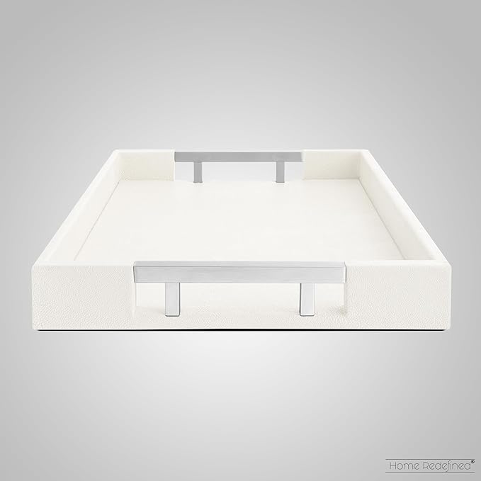 Modern Elegant 17.5"x12" White Rectangle Shagreen Faux Leather Decorative Tray Ottoman Coffee Table Perfume Living Room Kitchen Serving Tray with Silver Metal Handles for All Occasion's