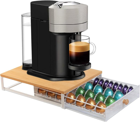Coffee Pod Holder Drawer Organizer Capsules Storage Organizer with Sliding Drawer Compatible For Nespresso Pods, Holds up to 54 Small or 28 Big nespresso pod Oak Color