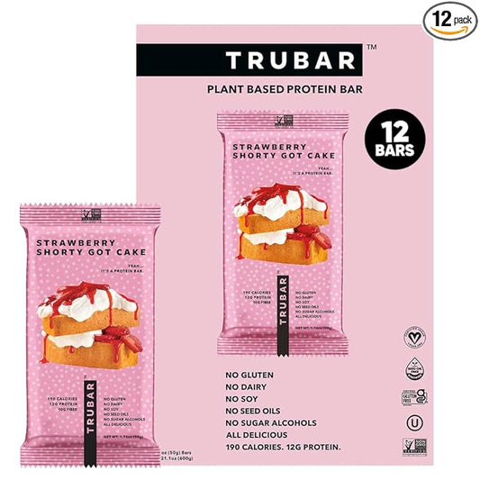 TRUBAR Vegan Protein Bar, Strawberry Shorty Got Cake, Gluten Free, Plant Based Protein, Dairy Free, Non GMO, Soy Free, No Sugar Alcohols, 12G Protein, 12G Fiber, 23G Carb, On the Go Snack Bars, 12 CT