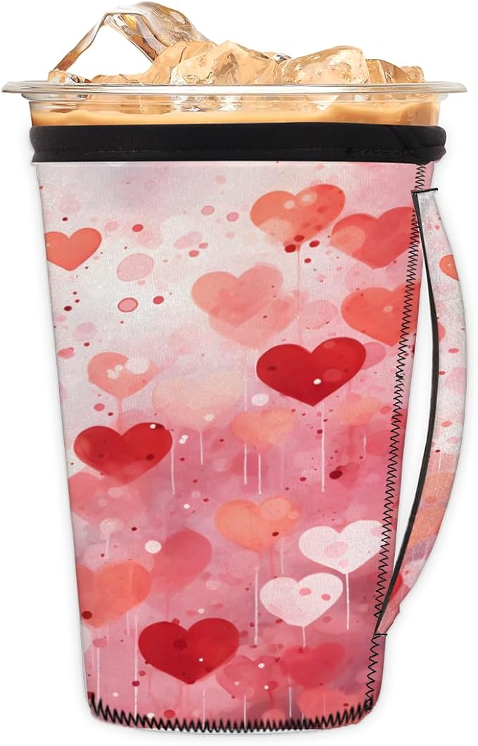Valentine's Day Hearts Reusable Coffee Sleeves Iced Coffee Cozy Insulator,Love Dream Neoprene Holder with Handle for Cold Coffee or Ice Drink, Small 16-18oz