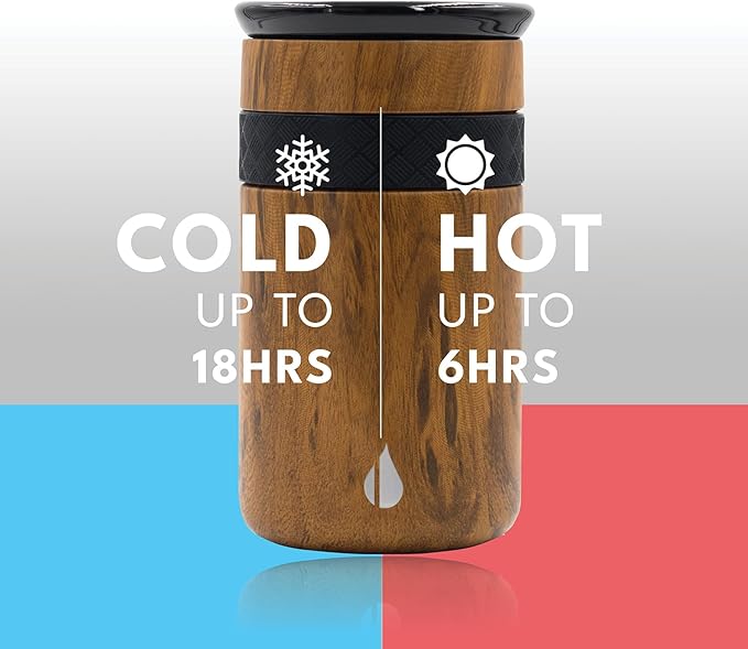 Elemental Artisan Insulated Tumbler, Triple Wall Coffee Travel Mug, Reusable Stainless Steel Coffee Tumbler with Ceramic Lid, Thermal Coffee Cups for Hot (6 Hrs) & Cold (18 Hrs), 12oz - Teak Wood