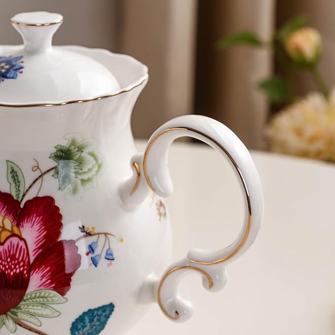 Jomop European Style Ceramic Flower Teapot Coffee Pot Water Pot Porcelain Gift Large 5.5 Cups (1, Blue and Red)