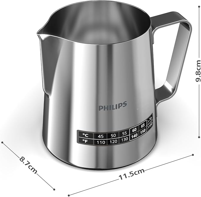 Philips Temperature Perfection Milk Jug - Integrated Temperature Indicator, Smooth Microfoam, Stainless Steel, 450ml Capacity, Perfect for Latte Art, Espresso Accessory (CA8012/10)
