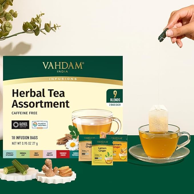 VAHDAM, Assorted Herbal Tea Sampler (18 Tea Bags, 9 Flavors) Caffeine-Free, Non-GMO | Double Infusion, Individually Enveloped Tea Bags | Herbal Tea Assortment | Valentines Day Gifts for Him & Her