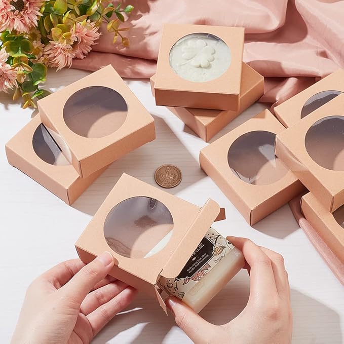 BENECREAT 24 Packs Brown Kraft Square Paper Boxes Gift Wrapping Box with Round Clear Window 3x3x1.2 for Homemade Soap, Party Favor Treats and Jewelry Packaging